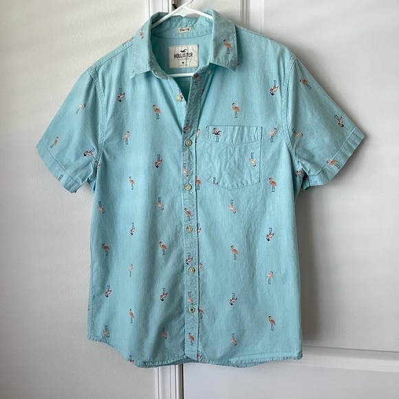 Hollister men's collared button down shirt Medium teal flamingos resortwear Prep - Picture 2 of 8